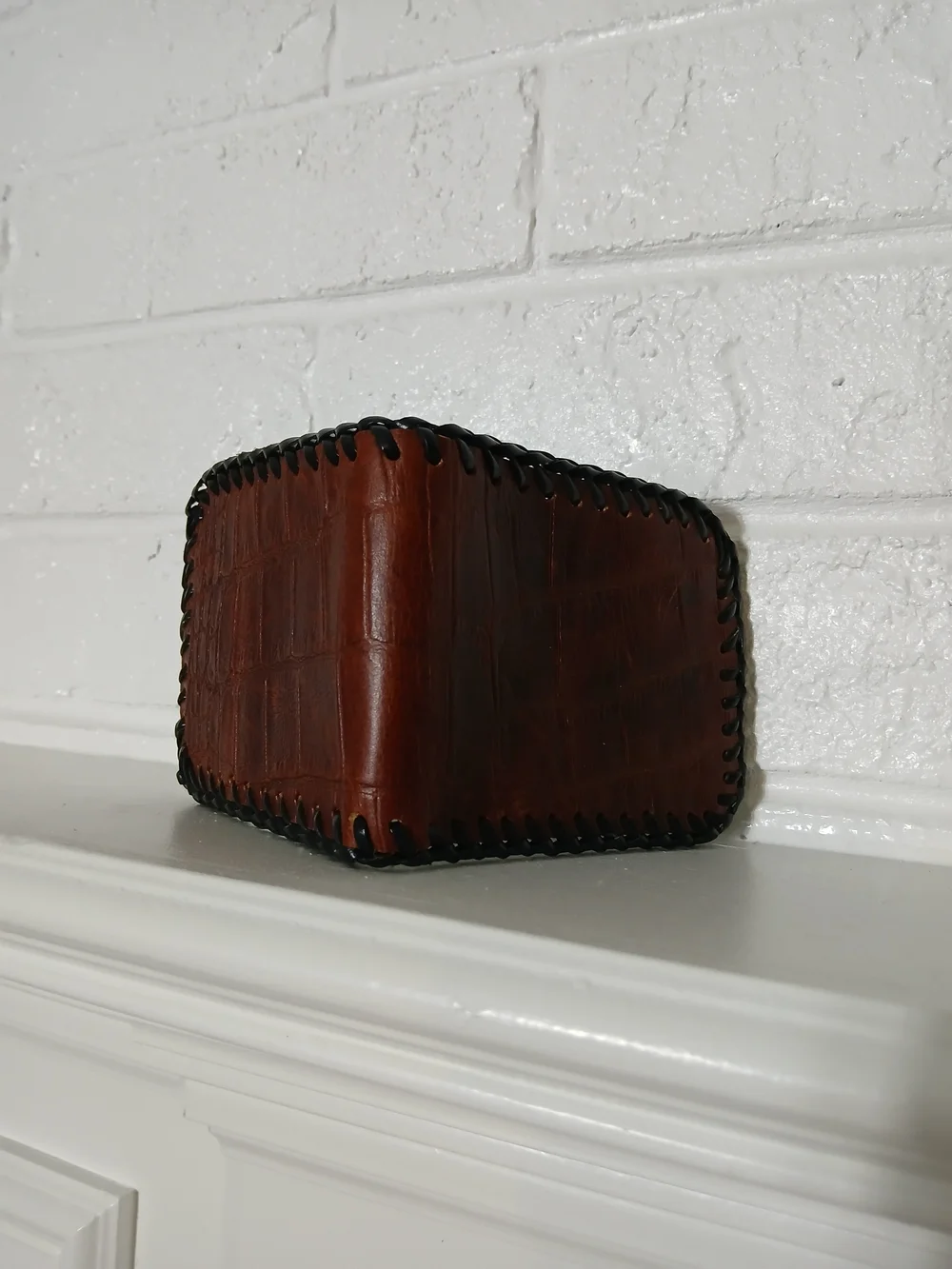 Brown‎ Croc-Embossed Leather Bifold Wallet with Black Whipstitch Trim